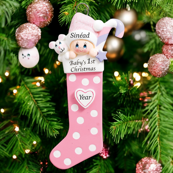 Baby's 1st Christmas Long Stocking Ornament- Pink (1422G)