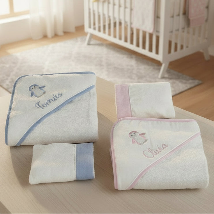Pink or Blue Penguin Hooded Towel and Mitt Gift Box