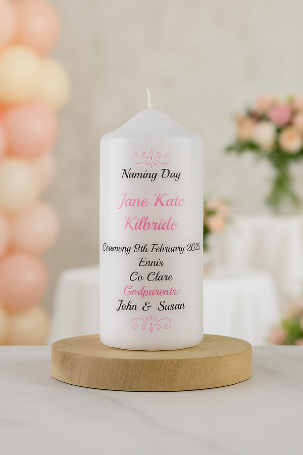 Traditional Personalised Naming Day Candle Pink
