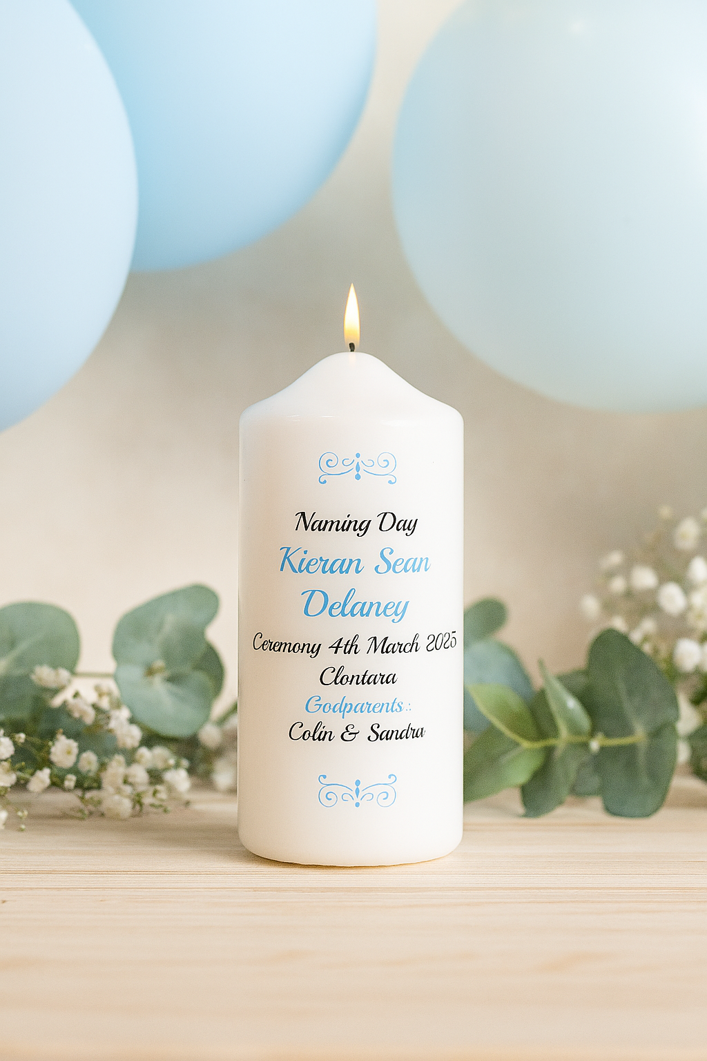Traditional Personalised Naming Day Candle Blue