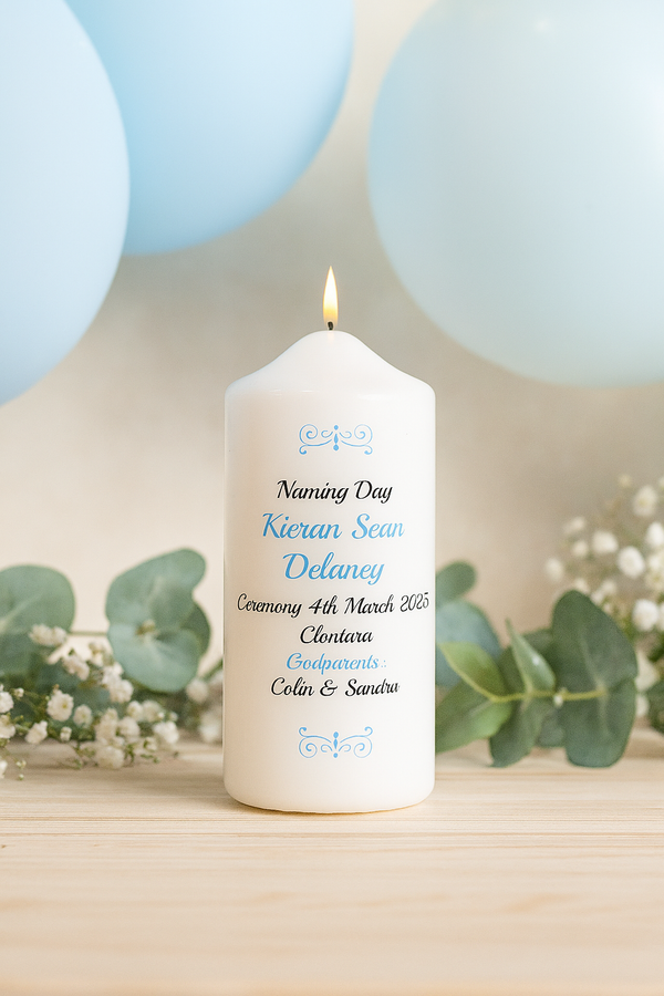 Traditional Personalised Naming Day Candle Blue