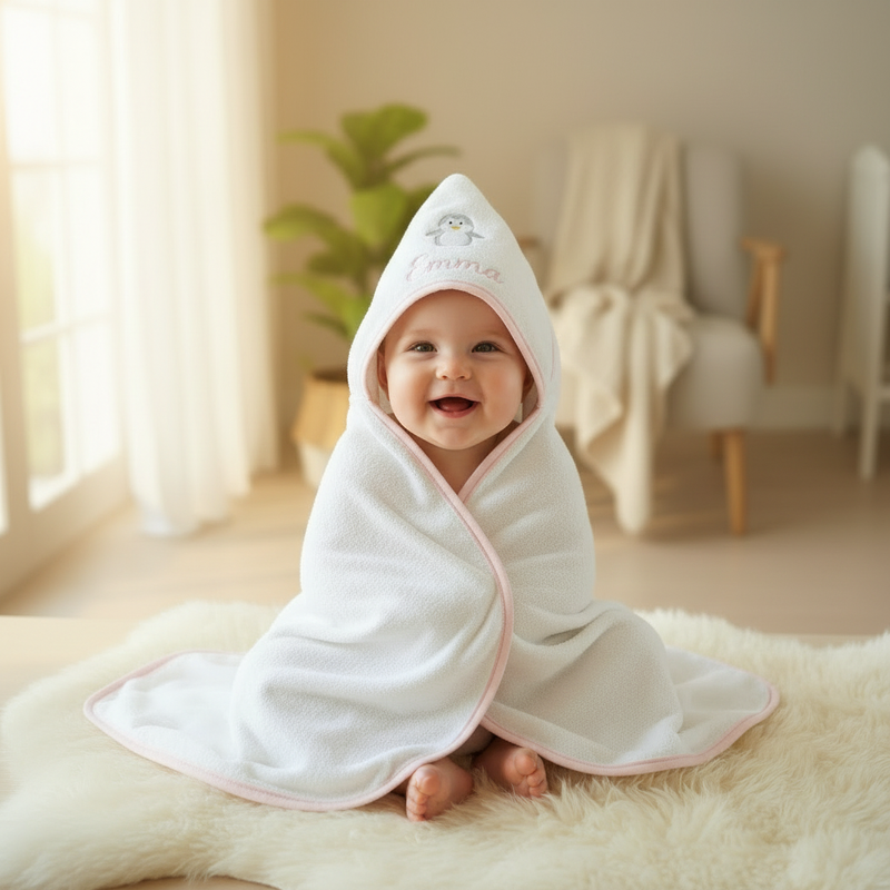 Baby in personalized hooded towel - pink trim with grey penguin