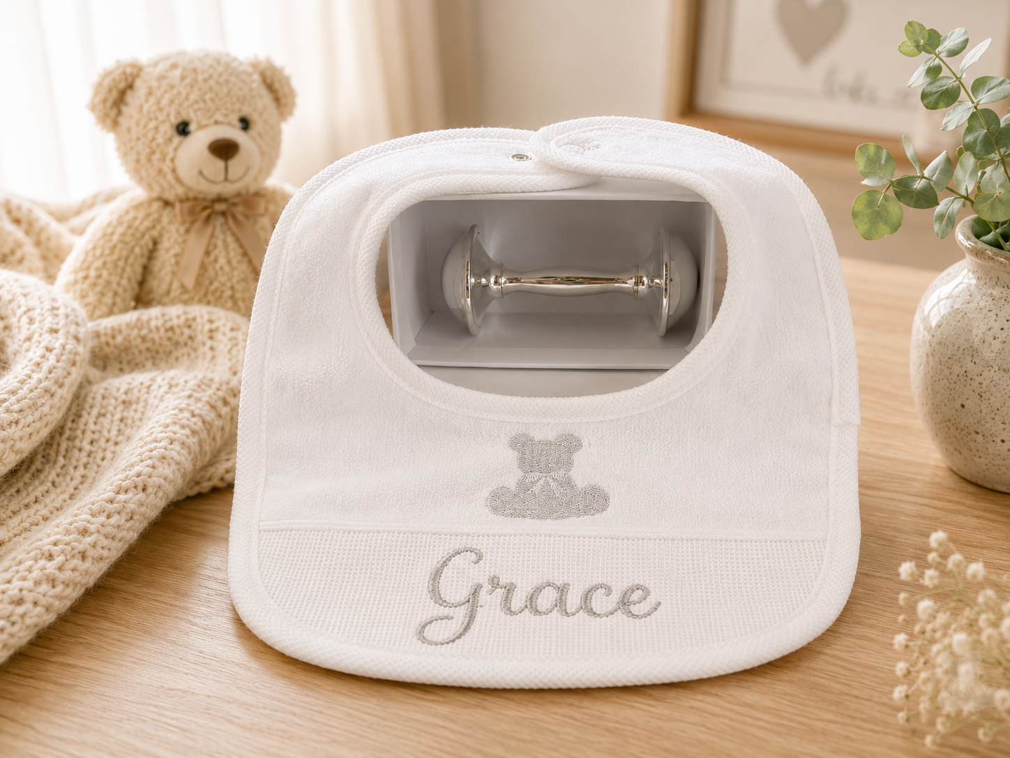 Neutral Bib and Silver Rattle Gift Box