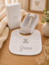 Neutral Bib and Silver Rattle Gift Box