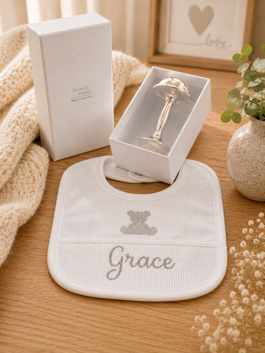 Neutral Bib and Silver Rattle Gift Box