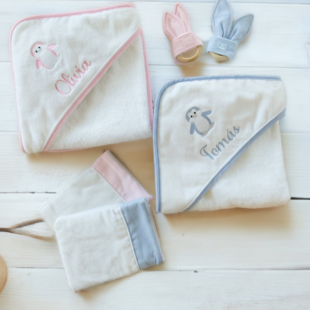 Pink or Blue Penguin Hooded Towel and Mitt Gift Box