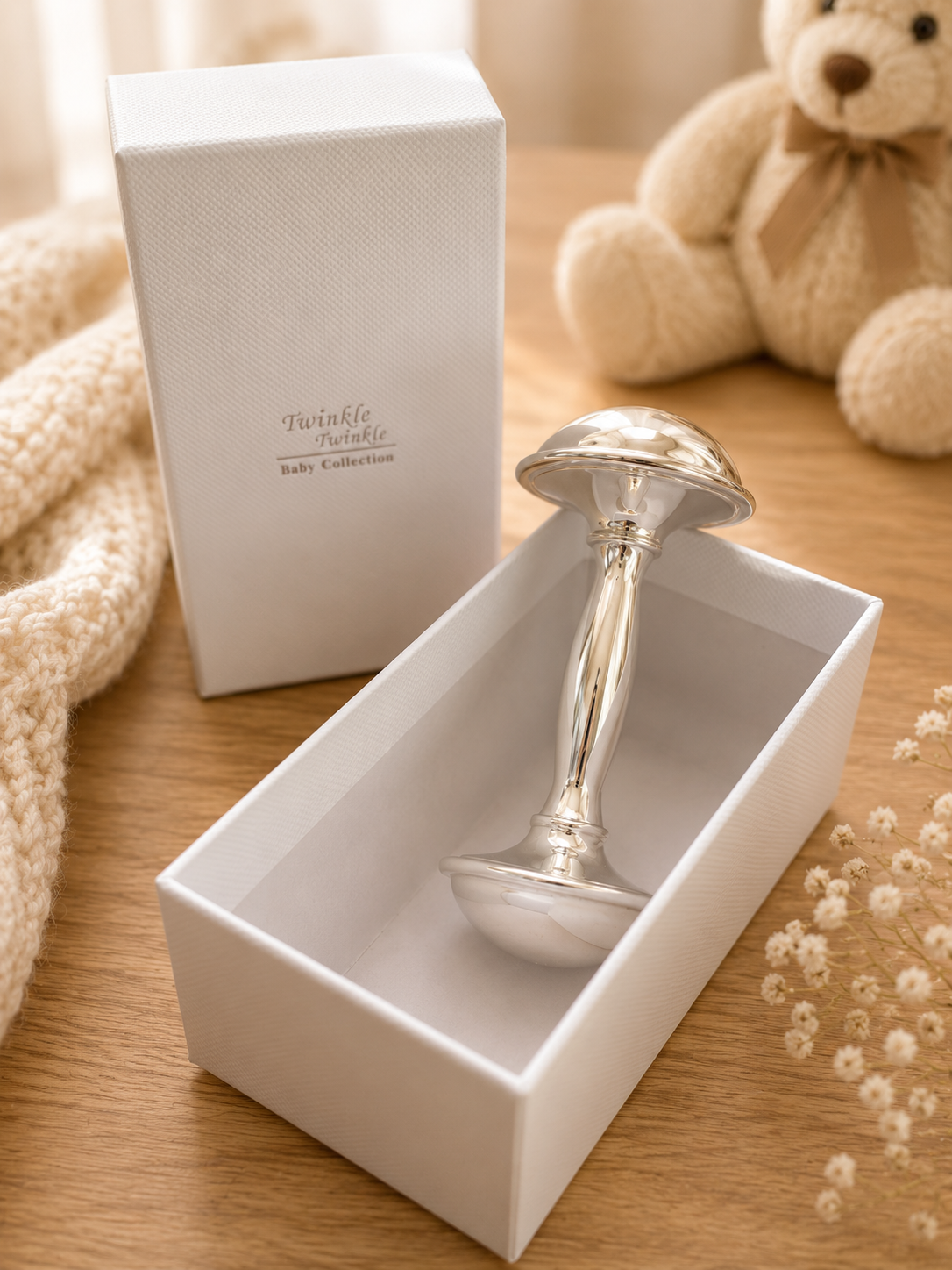 Neutral Bib and Silver Rattle Gift Box
