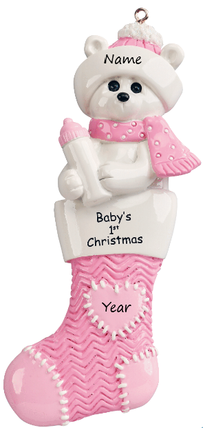Baby's 1st Christmas Polar Bear Stocking Ornament- Pink (1236G)