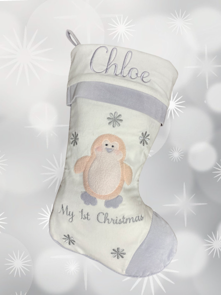 Baby's 1st Christmas Stocking - Pink Penguin